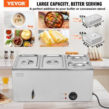 4-Pan Commercial Food Warmer, 16.4QT Electric Steam Table, 1200W Professional Countertop Stainless Steel Buffet Bain Marie with 86-185°F Temp Control for Catering and Restaurants, Silver