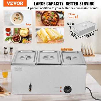 3-Pan Commercial Food Warmer, 17.4QT Electric Steam Table, 1200W Professional Countertop Stainless Steel Buffet Bain Marie with 86-185°F Temp Control for Catering and Restaurants, Silver