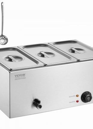 3-Pan Commercial Food Warmer, 17.4QT Electric Steam Table, 1200W Professional Countertop Stainless Steel Buffet Bain Marie with 86-185°F Temp Control for Catering and Restaurants, Silver