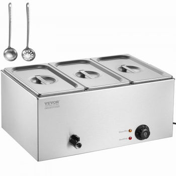 3-Pan Commercial Food Warmer, 17.4QT Electric Steam Table, 1200W Professional Countertop Stainless Steel Buffet Bain Marie with 86-185°F Temp Control for Catering and Restaurants, Silver
