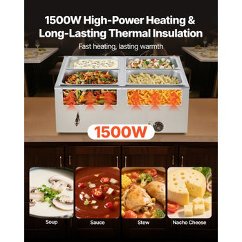 Commercial Food Warmer, 1500W Electric Stainless Steel Steam Food Warmer with Lid, 4-Pan Fast Heating Countertop Buffet Bain Marie with Soup & Perforated Ladles, for Catering, Restaurant, Party