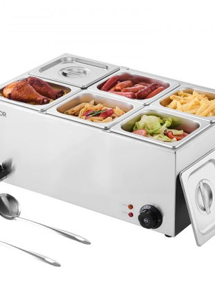 24QT Commercial Food Warmer, 6-Pan Electric Steam Table, 1200W Professional Countertop Stainless Steel Buffet Bain Marie with 86-185°F Temp Control for Catering, Buffet, Parties, Restaurants