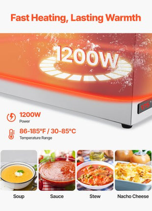 Commercial Food Warmer, 1200W Electric Stainless Steel Steam Food Warmer, Fast Heating Countertop Buffet Bain Marie with Soup & Perforated Ladles, for Catering, Restaurants, Parties, Buffets
