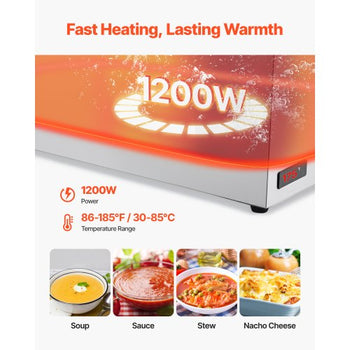 Commercial Food Warmer, 1200W Electric Stainless Steel Steam Food Warmer, Fast Heating Countertop Buffet Bain Marie with Soup & Perforated Ladles, for Catering, Restaurants, Parties, Buffets