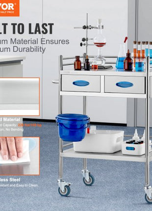 Lab Serving Cart, 2 Layers Stainless Steel Utility Rolling Cart, Medical Cart with Two Drawers, Dental Utility Cart with Lockable Wheels and A Bucket, for Laboratory, Hospital, Dental Use