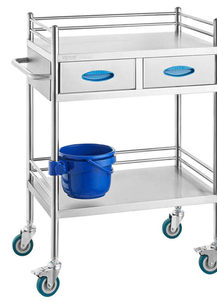 Lab Serving Cart, 2 Layers Stainless Steel Utility Rolling Cart, Medical Cart with Two Drawers, Dental Utility Cart with Lockable Wheels and A Bucket, for Laboratory, Hospital, Dental Use