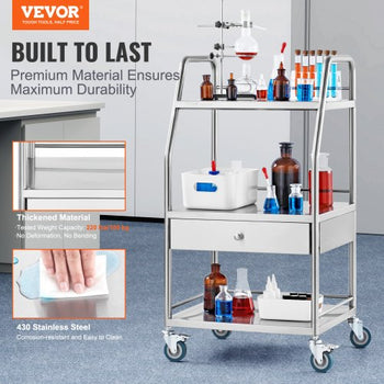 Lab Serving Cart, 3 Layers Stainless Steel Utility Rolling Cart, Medical Cart with A Drawer, Dental Utility Cart with Lockable Wheels, for Laboratory, Hospital, Dental Use