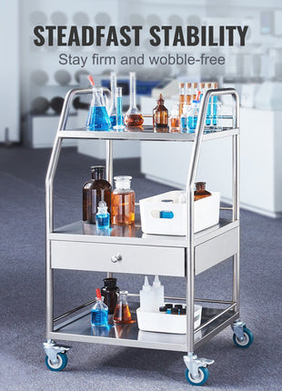 Lab Serving Cart, 3 Layers Stainless Steel Utility Rolling Cart, Medical Cart with A Drawer, Dental Utility Cart with Lockable Wheels, for Laboratory, Hospital, Dental Use