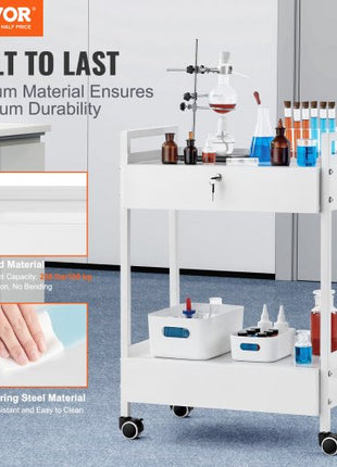 Lab Cart, 2 Tiers Stainless Steel Utility Cart, Medical Cart with 2 Drawers, Rolling Lab Cart White Paint, Serving Cart with Swivel Casters for Laboratory, Hospital, Dental, Salon and Beauty