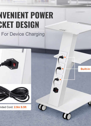 Lab Trolley, Rolling Lab Cart with Built-in Socket, 3-Layer Metal Mobile Trolley, Tray Rolling Clinic Cart with Swivel Wheels, 220 lbs Weight Capacity, for Lab, Clinic, Beauty and Salon