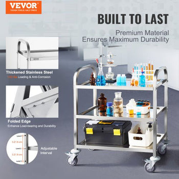 Stainless Steel Cart, 3 Layers Lab Utility Cart 400 lbs Weight Capacity, Medical Cart with Lockable Universal Wheels, for Lab, Clinic, Kitchen, Salon