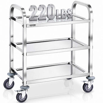 Stainless steel utility cart with three shelves, 220 lbs capacity, silver finish, and durable swivel wheels.