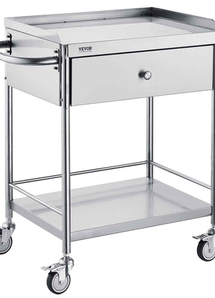 Stainless steel serving cart with drawer and handle, modern design, durable, on wheels for easy mobility.