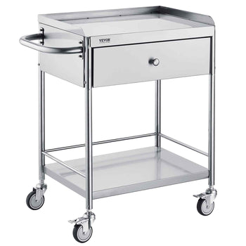 Stainless steel serving cart with drawer and handle, modern design, durable, on wheels for easy mobility.