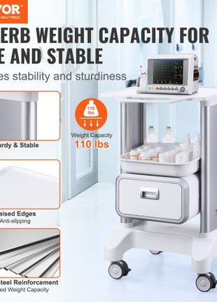 2 Tiers Lab Carts, Lab Utility Cart with 1 Drawer & 1 Top Tray, Mobile Medical Cart with ABS Material, Lab Rolling Cart with 4 Silent Wheels for Lab, Clinic, Hospital, Salon, White