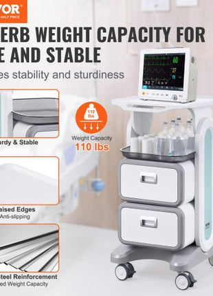 3 Tiers Lab Carts, Lab Utility Cart with 2 Drawers & 1 Top Tray, Mobile Medical Cart with ABS Material, Lab Rolling Cart with 4 Silent Wheels for Lab, Clinic, Hospital, Salon, White
