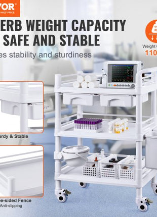 3 Tiers Lab Carts, Lab Utility Cart with 3 Trays & 4 Silent Wheels, Mobile Medical Cart with PP Material, Lab Rolling Cart with 3 Trash Cans for Lab, Clinic, Hospital, Salon, White