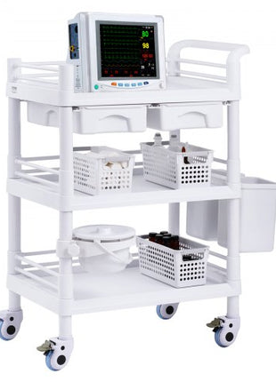 3 Tiers Lab Carts, Lab Utility Cart with 3 Trays & 4 Silent Wheels, Mobile Medical Cart with PP Material, Lab Rolling Cart with 3 Trash Cans for Lab, Clinic, Hospital, Salon, White