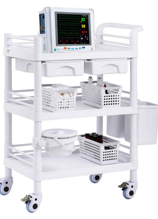 3 Tiers Lab Carts, Lab Utility Cart with 3 Trays & 4 Silent Wheels, Mobile Medical Cart with PP Material, Lab Rolling Cart with 3 Trash Cans for Lab, Clinic, Hospital, Salon, White
