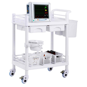 2 Tiers Lab Carts, Lab Utility Cart with 2 Trays, 2 Drawers & 4 Silent Wheels, Mobile Medical Cart with PP Material, Lab Rolling Cart with 3 Trash Cans for Lab, Clinic, Hospital, Salon, White