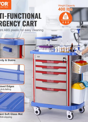 5 Tiers Lab Carts, Lab Utility Cart with 5 Drawers & 4 Silent Wheels, Mobile Medical Cart with PP Material, Lab Rolling Cart with 2 Trash Cans for Lab, Clinic, Hospital, Salon, Blue