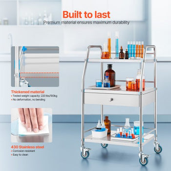 Service Cart, 3 Layers Stainless Steel Utility Rolling Cart, Medical Cart with Drawer, Dental Utility Cart with Lockable Wheels, Ideal for Laboratory, Hospital, Dental Use