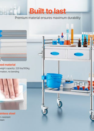 Service Cart, 2 Layers Stainless Steel Utility Rolling Cart, Medical Cart with Two Drawers, Dental Utility Cart with Lockable Wheels and A Bucket, Ideal for Laboratory, Hospital, Dental Use