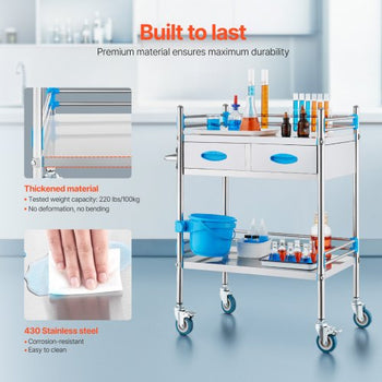 Service Cart, 2 Layers Stainless Steel Utility Rolling Cart, Medical Cart with Two Drawers, Dental Utility Cart with Lockable Wheels and A Bucket, Ideal for Laboratory, Hospital, Dental Use