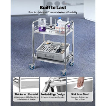 Stainless Steel Cart, 2-Tier Rolling Lab Utility Cart with Lockable Wheels, Medical Serving Trolley Clinic Tray, Heavy Duty Mobile Service Storage Tray for Hospital, Restaurant, Kitchen, Salon