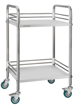 Stainless Steel Cart, 2-Tier Rolling Lab Utility Cart with Lockable Wheels, Medical Serving Trolley Clinic Tray, Heavy Duty Mobile Service Storage Tray for Hospital, Restaurant, Kitchen, Salon