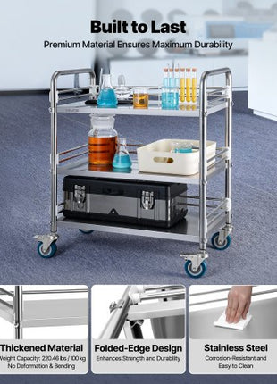 Stainless Steel Cart, 3-Tier Rolling Lab Utility Cart with Lockable Wheels, Medical Serving Trolley Clinic Tray, Heavy Duty Mobile Service Storage Tray for Hospital, Restaurant, Kitchen, Salon