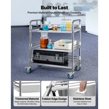 Stainless Steel Cart, 3-Tier Rolling Lab Utility Cart with Lockable Wheels, Medical Serving Trolley Clinic Tray, Heavy Duty Mobile Service Storage Tray for Hospital, Restaurant, Kitchen, Salon