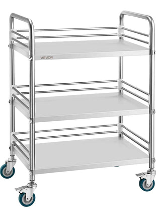 Stainless Steel Cart, 3-Tier Rolling Lab Utility Cart with Lockable Wheels, Medical Serving Trolley Clinic Tray, Heavy Duty Mobile Service Storage Tray for Hospital, Restaurant, Kitchen, Salon