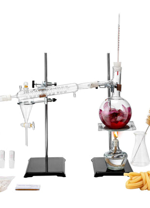 Essential Oil Distillation Kit, 500ml Distillation Apparatus, 3.3 Boro Lab Glassware Distillation Kit with Alcohol Lamp, Ceramic Mesh and 24, 40 Joint, 28 pcs Set