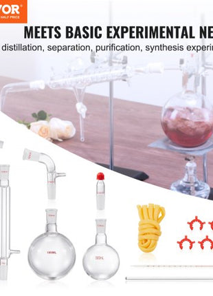 Lab Distillation Kit, 3.3 Boro Lab Glassware Distillation Kit with 24, 40 Joint, 1000ml Essential Oil Distillation Apparatus Kit, 14 pcs Set of Glassware Equipment