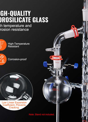 Lab Distillation Kit, 3.3 Boro Lab Glassware Distillation Kit with 24, 40 Joint, 1000ml Essential Oil Distillation Apparatus Kit, 14 pcs Set of Glassware Equipment