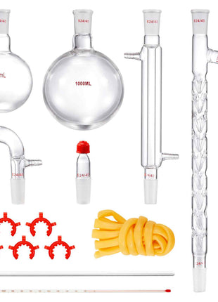 Lab Distillation Kit, 3.3 Boro Lab Glassware Distillation Kit with 24, 40 Joint, 1000ml Essential Oil Distillation Apparatus Kit, 14 pcs Set of Glassware Equipment