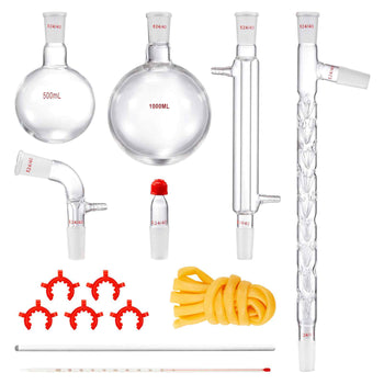 Lab Distillation Kit, 3.3 Boro Lab Glassware Distillation Kit with 24, 40 Joint, 1000ml Essential Oil Distillation Apparatus Kit, 14 pcs Set of Glassware Equipment