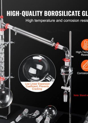 Lab Distillation Kit, 3.3 Boro Lab Glassware Distillation Kit with 24, 40 Joint, 1000ml Essential Oil Distillation Apparatus Kit, 29 pcs Set of Glassware Equipment