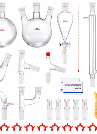 Lab Distillation Kit, 3.3 Boro Lab Glassware Distillation Kit with 24, 40 Joint, 1000ml Essential Oil Distillation Apparatus Kit, 29 pcs Set of Glassware Equipment