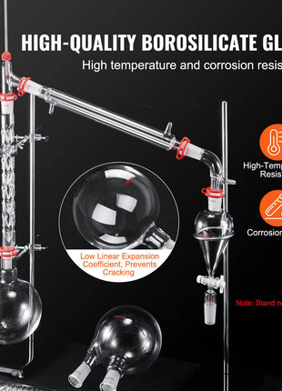 Lab Distillation Kit, 3.3 Boro Lab Glassware Distillation Kit with 24, 40 Joint, 1000ml Essential Oil Distillation Apparatus Kit, 32 pcs Set of Glassware Equipment