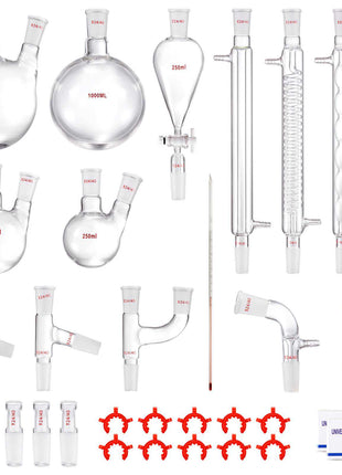 Lab Distillation Kit, 3.3 Boro Lab Glassware Distillation Kit with 24, 40 Joint, 1000ml Essential Oil Distillation Apparatus Kit, 32 pcs Set of Glassware Equipment