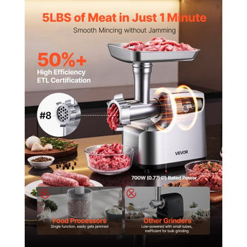 Electric Meat Grinder, 5 Lbs/Min Capacity, #8 Meat Mincer with 3 Grinding Plates, 3 Sausage Stuffing Tubes & Kubbe Kit, 700W/0.77HP Sausage Stuffer Maker for Home Kitchens, ETL Listed