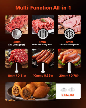 Electric Meat Grinder, 5 Lbs/Min Capacity, #8 Meat Mincer with 3 Grinding Plates, 3 Sausage Stuffing Tubes & Kubbe Kit, 700W/0.77HP Sausage Stuffer Maker for Home Kitchens, ETL Listed