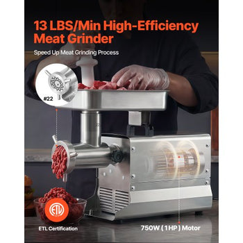 Commercial Meat Grinder, 13 Lbs/Min Capacity, #22 Electric Meat Mincer with 3 Plates, 3 Sausage Stuffing Tubes, 750W/1HP Stainless Steel Sausage Maker for Home Kitchen & Restaurants, ETL Listed