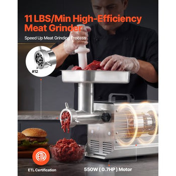 Commercial Meat Grinder, 11 Lbs/Min Capacity, #12 Electric Meat Mincer with 3 Plates, 3 Sausage Stuffing Tubes, 550W/0.7HP Stainless Steel Sausage Maker for Home Kitchen & Restaurant, ETL Listed