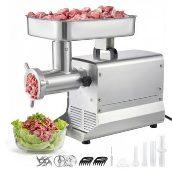 Commercial Meat Grinder, 21 Lbs/Min Capacity, #32 Electric Meat Mincer with 3 Plates, 3 Sausage Stuff Tubes, 1100W/1.5HP Stainless Steel Sausage Maker for Home Kitchens & Restaurants, ETL Listed