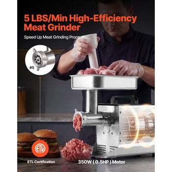 Commercial Meat Grinder, 5 Lbs/Min Capacity, #5 Electric Meat Mincer with 3 Plates, 3 Sausage Stuffing Tubes, 350W/0.5HP Stainless Steel Sausage Maker for Home Kitchens & Restaurants, ETL Listed