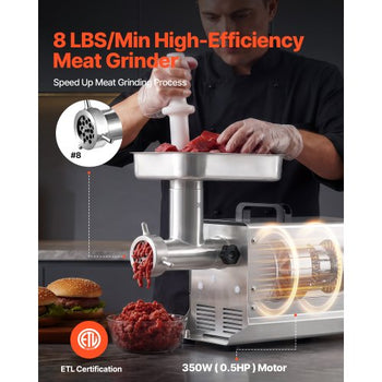 Commercial Meat Grinder, 8 Lbs/Min Capacity, #8 Electric Meat Mincer with 3 Plates, 3 Sausage Stuffing Tubes, 350W/0.5HP Stainless Steel Sausage Maker for Home Kitchens & Restaurants, ETL Listed