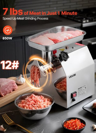 Commercial Electric Meat Grinder, 7 lbs/min Capacity, #12 Industrial Meat Mincer with 2 Stainless Steel Blades, 2 Grinding Plates, 850W Heavy-Duty Sausage Maker Stuffer, for Kitchen, Restaurant